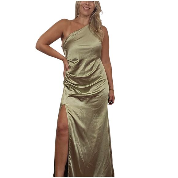 Pretty Lavish Light Green Silky One Shoulder Bridesmaid Dress - Picture 4 of 13